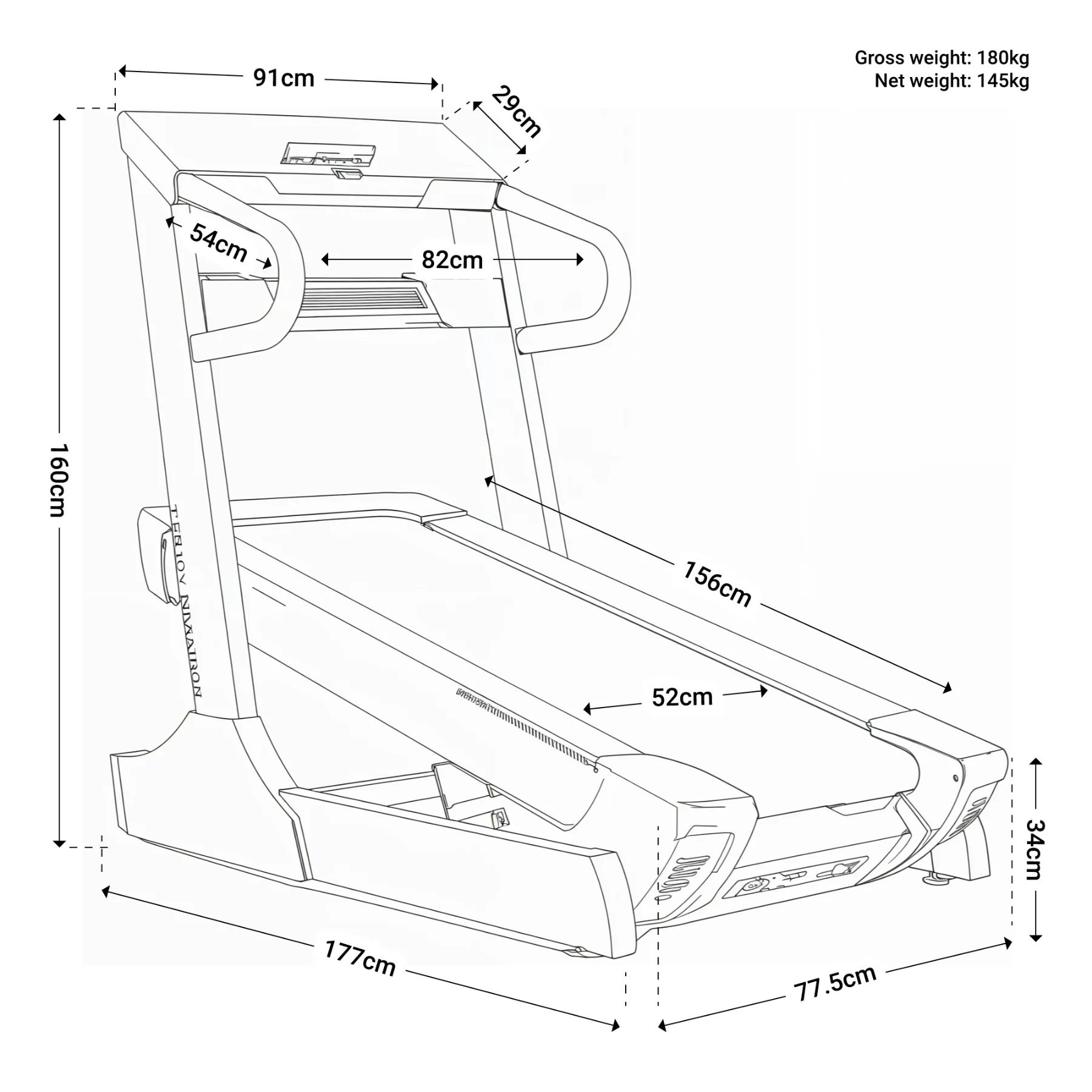 Technical drawing with dimensions of Marathon treadmill