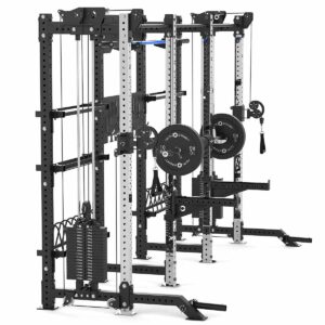 Double Squat Rack with Cable Machines, Pull-Up Bar, Weight Plate Holder, Olympic Barbell Holder, Weight Plates & Rack Storage