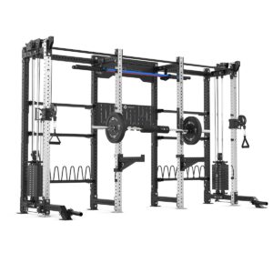 Double Squat Rack with Cable Machines, Pull-Up Bar, Weight Plate Holder, Olympic Barbell Holder, Weight Plates & Rack Storage